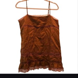 NWT Gold Hawk Top Linen Sleeveless Cami Tank Brown Neutral Longline Tunic Lace